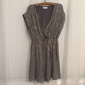 MESOP 12 Gray Gold Metallic Pleated Drop Waist V-Neck Sleeveless Tie Waist Dress